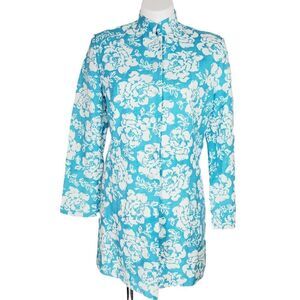 Julian Jones linen blend floral mock neck Long blazer jacket aqua white Size 4